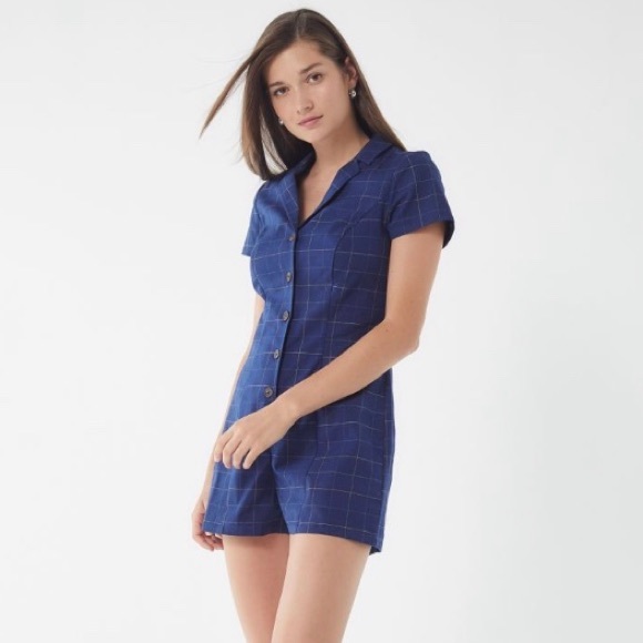 Urban Outfitters Pants - UO Navy Blue Sonata Plaid Button Down Romper